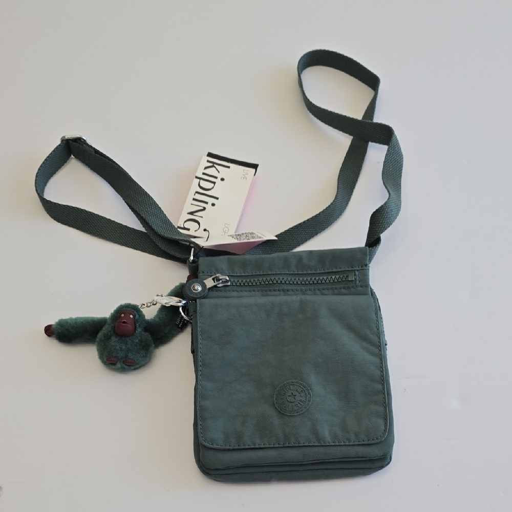 NWT KIPLING NW Eldorado Crossbody Bag Monkey Charm Key Chain Aloe Tonal Aloe